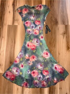 New Komarov Women’s Large L Cap Sleeve Charmeuse Midi Dress Water Color Floral